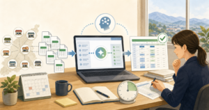 店舗ごとのCSVデータをAIでExcelの集計表にまとめ、確認する担当者のイメージ