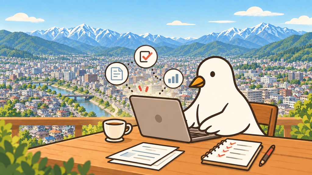 伊那市の街並みを背景にパソコンで仕事をする白い鳩のイラスト